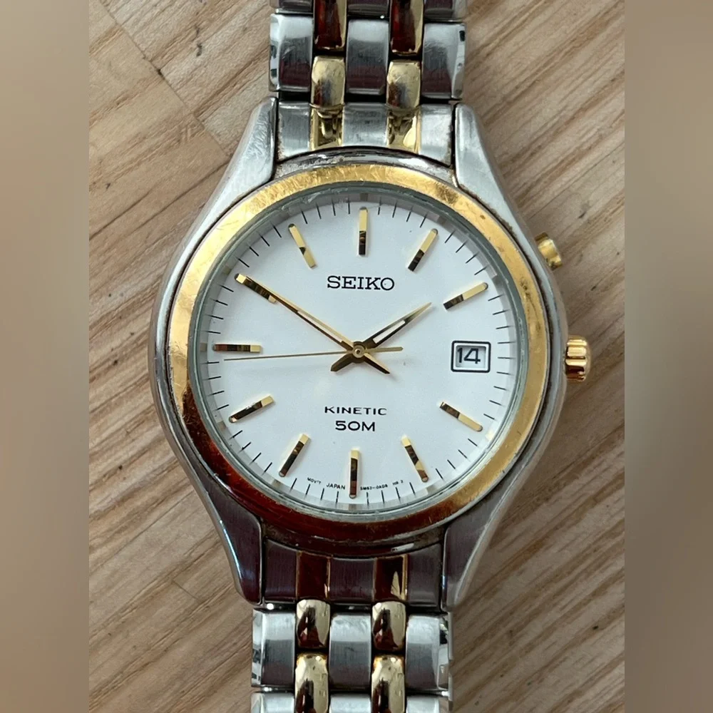 Seiko Kinetic Automatic Men’s Watch Two-Tone Bracelet Case White Dial Date